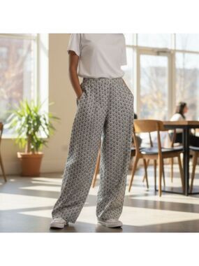 Jules & Leopold Black and White Geometric Wide Leg Pants Flowy. Boho Relaxed Fit